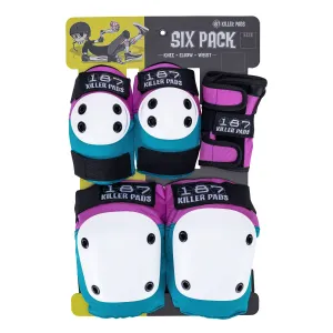 187 Killer Pads Skateboarding Knee Pads, Elbow Pads, and Wrist Guards, Six Pack Pad Set, Pink/Teal, Large/X-Large