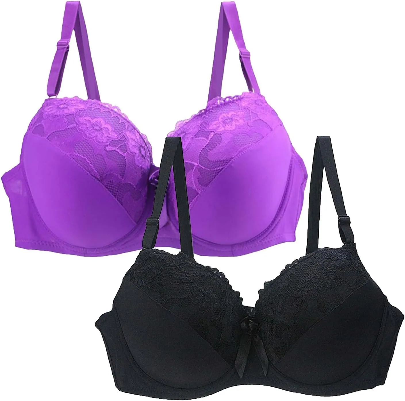 2 Pack Push Up Bras for Women Plus Size Floral Lace Underwire Soft Cup Everyday Bra Bandeau Sports Bras for Women