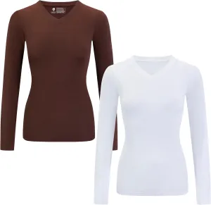 2-Pack Women's Long-Sleeved Shirts V-Neck Tops Slim Casual Autumn Fashion T-Shirts