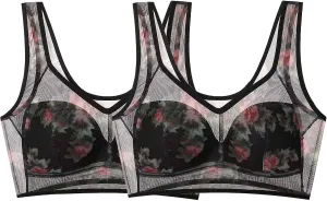 2 Pack Womens Wireless Bras Seamless Push Up V Mesh Bralette Supportive Tshirt Bra No Underwire Everyday Bras