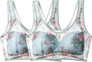 2 Pack Womens Wireless Bras Seamless Push Up V Mesh Bralette Supportive Tshirt Bra No Underwire Everyday Bras