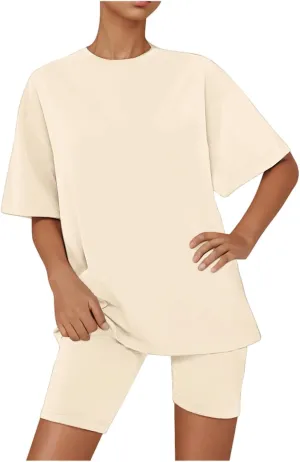 2 Piece Basic Sets for Women Comfy Soft Pajamas Oversized Short Sleeve T-shirt and Biker Shorts Sleepwear Sweatsuits