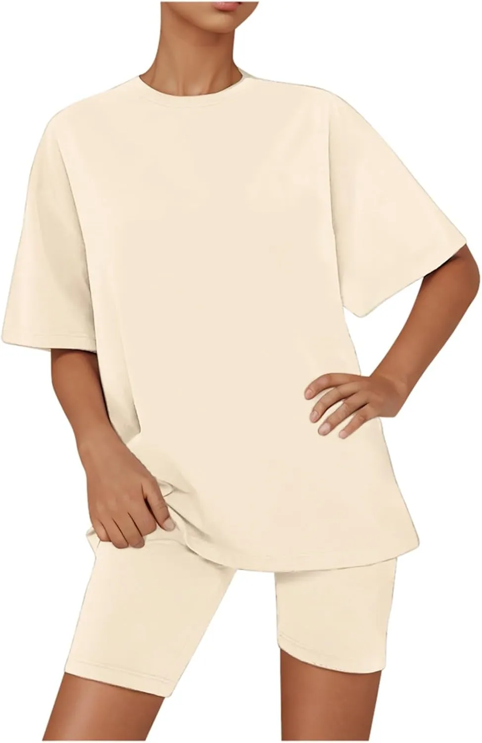 2 Piece Basic Sets for Women Comfy Soft Pajamas Oversized Short Sleeve T-shirt and Biker Shorts Sleepwear Sweatsuits