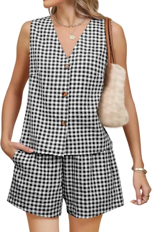 2 Piece Outfits for Women Summer V Neck Button Down Sleeveless Vest Wide Leg Shorts Sets Casual Loose Fit Tracksuits