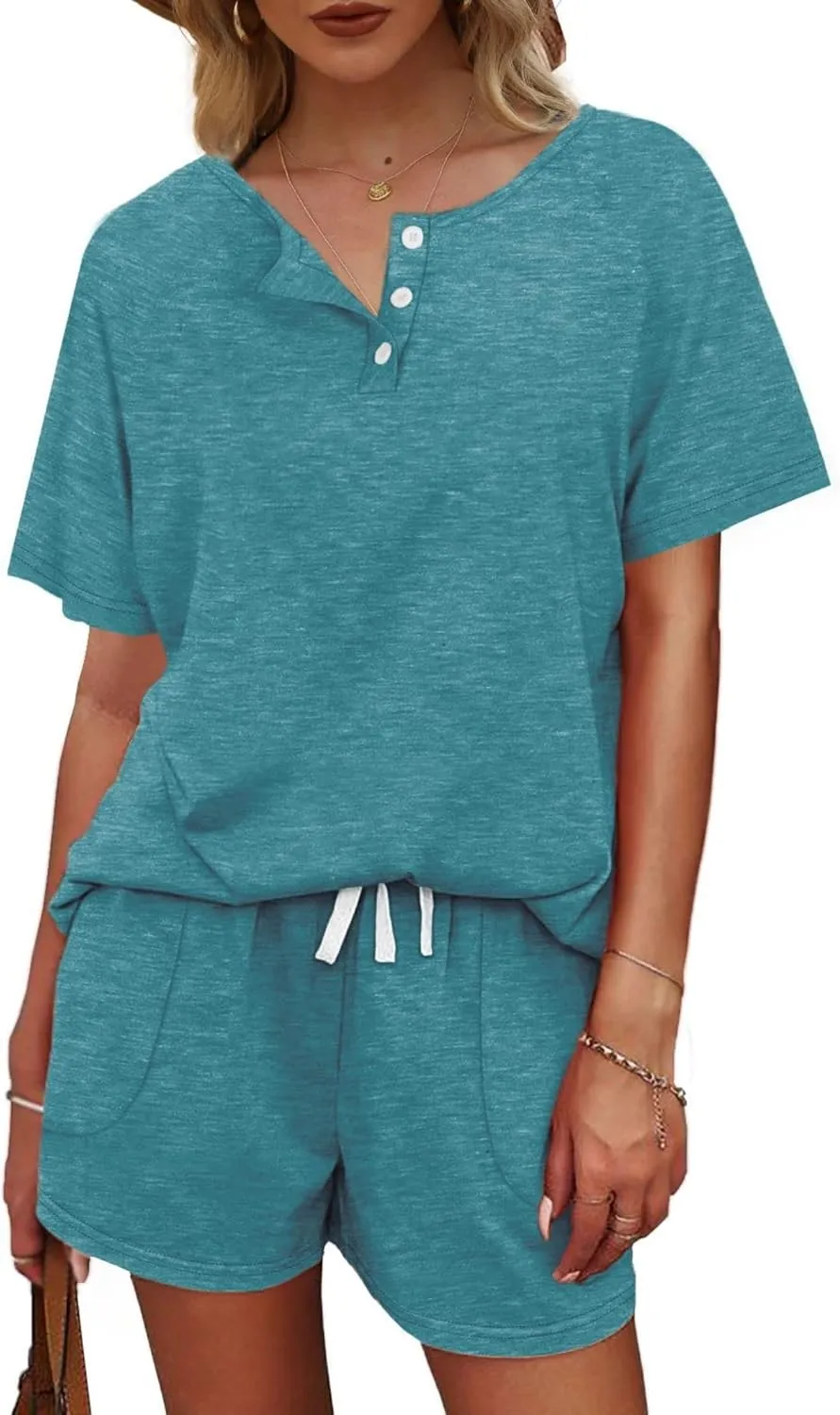 2 Piece Sets for Women Dressy Summer Lounge Sets V Neck Button Down Top and Shorts Set Sweatsuits Loose Fit Outfits