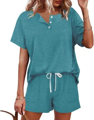 2 Piece Sets for Women Dressy Summer Lounge Sets V Neck Button Down Top and Shorts Set Sweatsuits Loose Fit Outfits