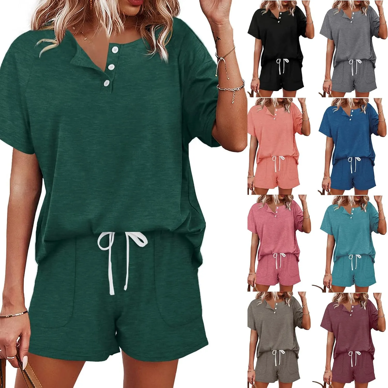 2 Piece Sets for Women Dressy Summer Lounge Sets V Neck Button Down Top and Shorts Set Sweatsuits Loose Fit Outfits