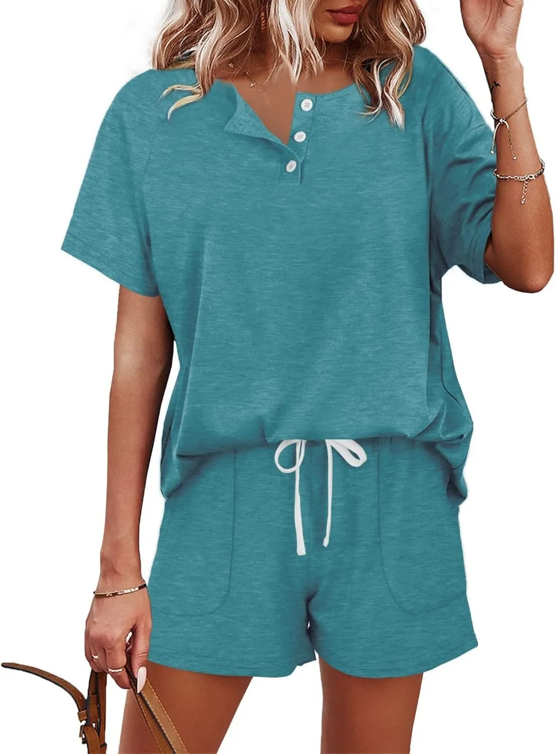 2 Piece Sets for Women Dressy Summer Lounge Sets V Neck Button Down Top and Shorts Set Sweatsuits Loose Fit Outfits