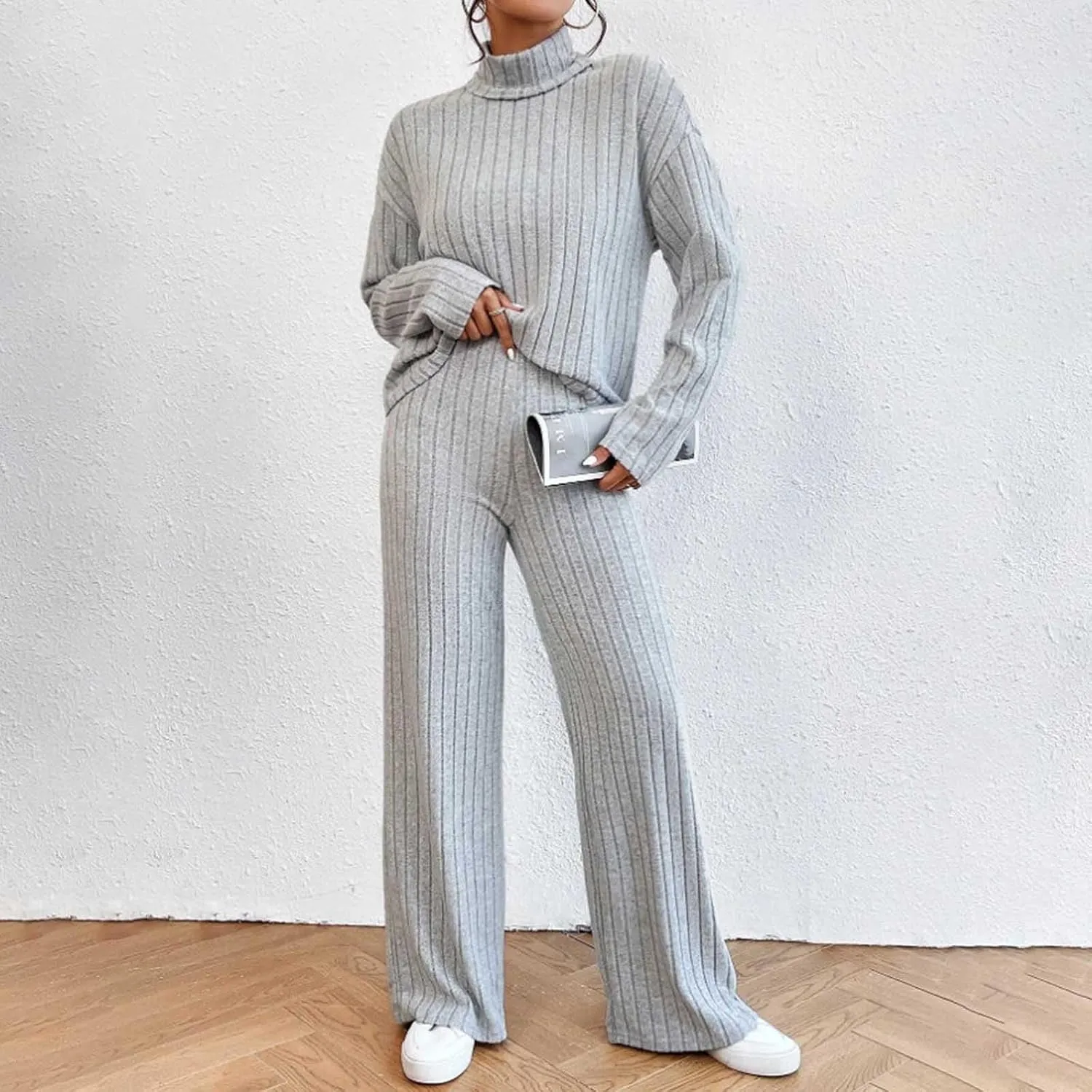 2 Piece Sets for Women Fall Soft Fleece Ribbed Knit Loungewear High Neck Pullover Top and Wide Leg Pants Set
