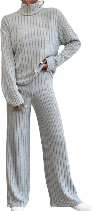 2 Piece Sets for Women Fall Soft Fleece Ribbed Knit Loungewear High Neck Pullover Top and Wide Leg Pants Set