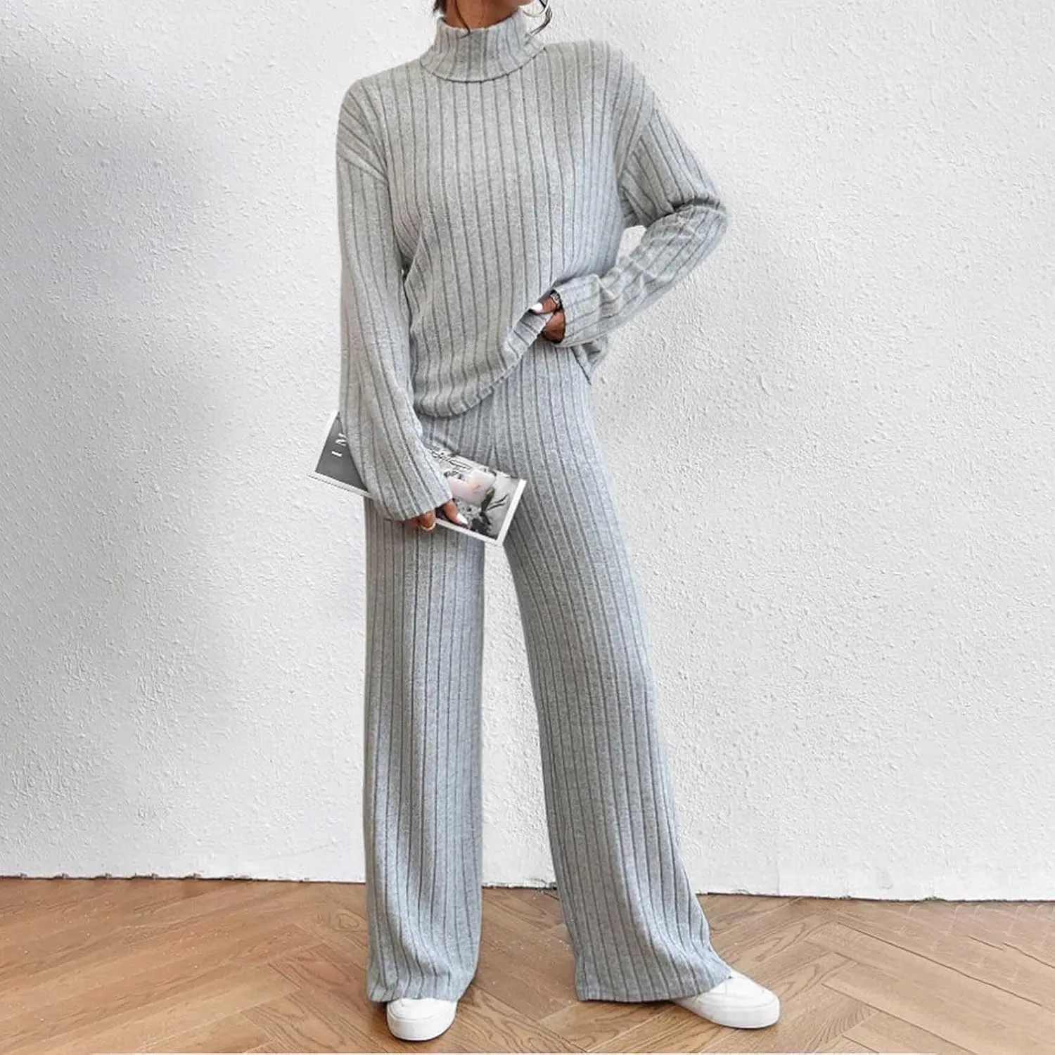 2 Piece Sets for Women Fall Soft Fleece Ribbed Knit Loungewear High Neck Pullover Top and Wide Leg Pants Set