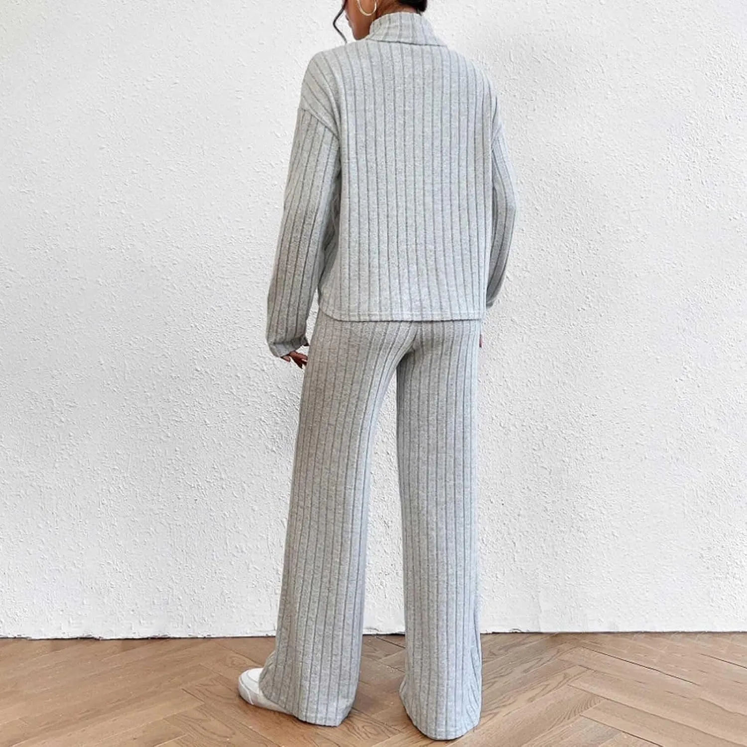 2 Piece Sets for Women Fall Soft Fleece Ribbed Knit Loungewear High Neck Pullover Top and Wide Leg Pants Set