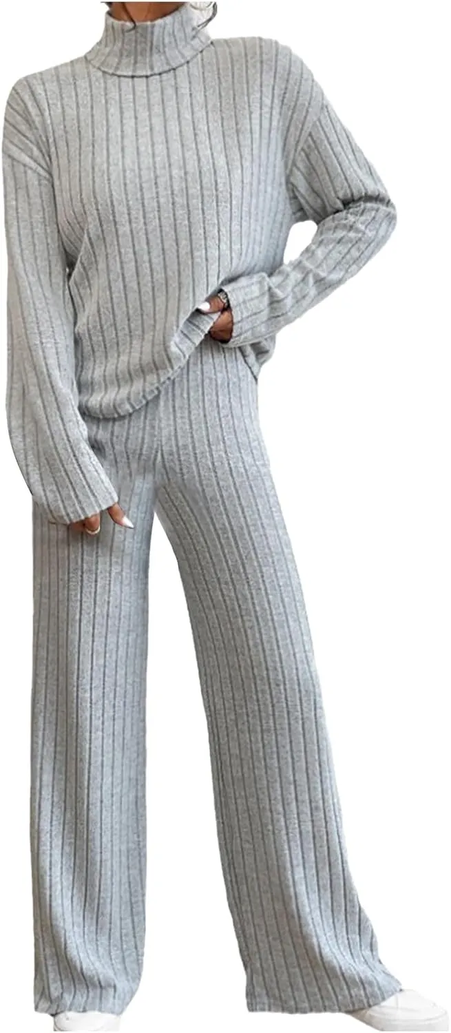 2 Piece Sets for Women Fall Soft Fleece Ribbed Knit Loungewear High Neck Pullover Top and Wide Leg Pants Set