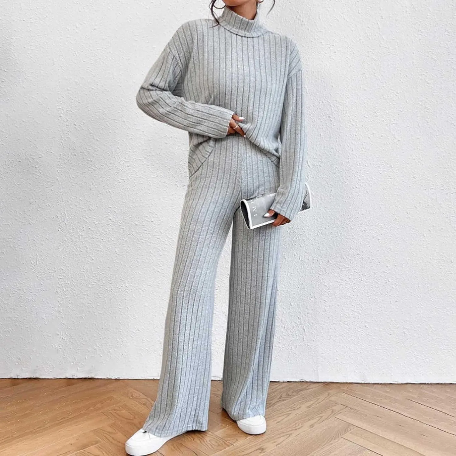 2 Piece Sets for Women Fall Soft Fleece Ribbed Knit Loungewear High Neck Pullover Top and Wide Leg Pants Set