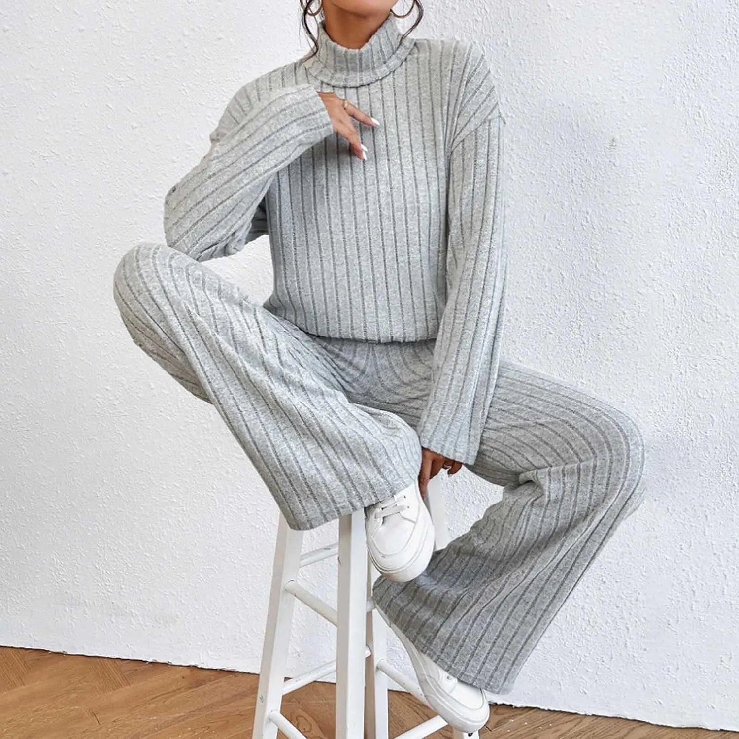 2 Piece Sets for Women Fall Soft Fleece Ribbed Knit Loungewear High Neck Pullover Top and Wide Leg Pants Set
