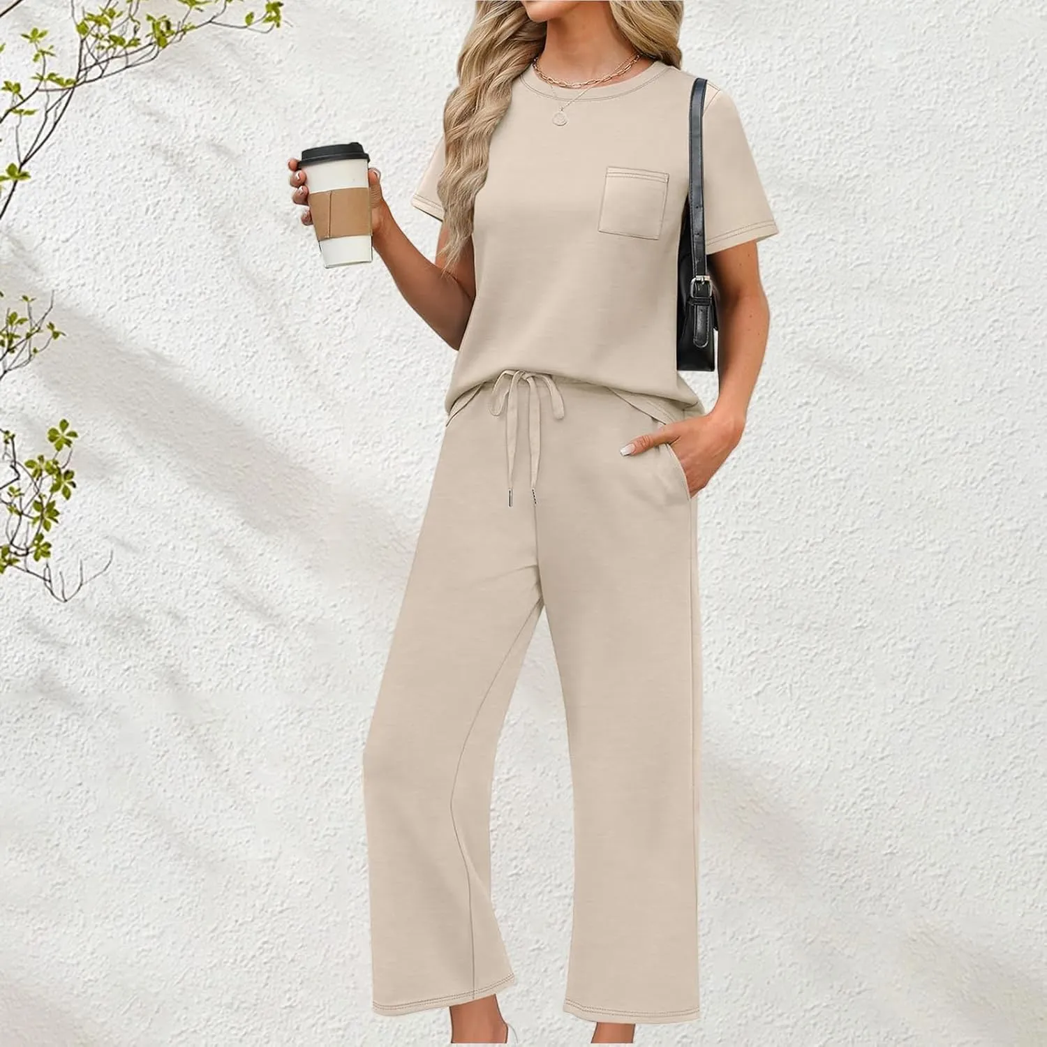 2 Piece Sets for Women Summer Travel Vacation Outfits Loose Fit Short Sleeve Wide Leg Crop Pants Airport Loungewear
