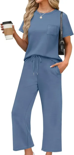 2 Piece Sets for Women Summer Travel Vacation Outfits Loose Fit Short Sleeve Wide Leg Crop Pants Airport Loungewear