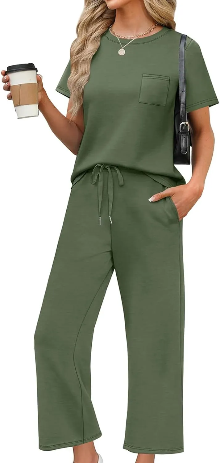 2 Piece Sets for Women Summer Travel Vacation Outfits Loose Fit Short Sleeve Wide Leg Crop Pants Airport Loungewear
