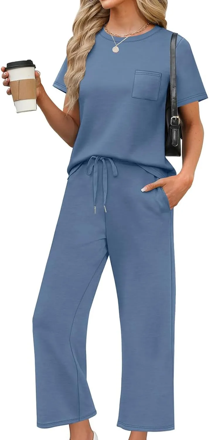 2 Piece Sets for Women Summer Travel Vacation Outfits Loose Fit Short Sleeve Wide Leg Crop Pants Airport Loungewear