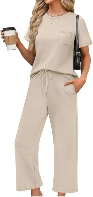2 Piece Sets for Women Summer Travel Vacation Outfits Loose Fit Short Sleeve Wide Leg Crop Pants Airport Loungewear