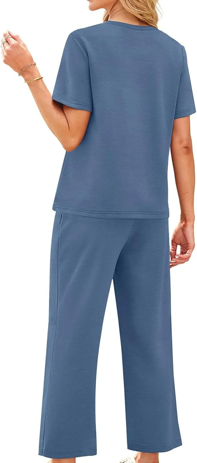 2 Piece Sets for Women Summer Travel Vacation Outfits Loose Fit Short Sleeve Wide Leg Crop Pants Airport Loungewear