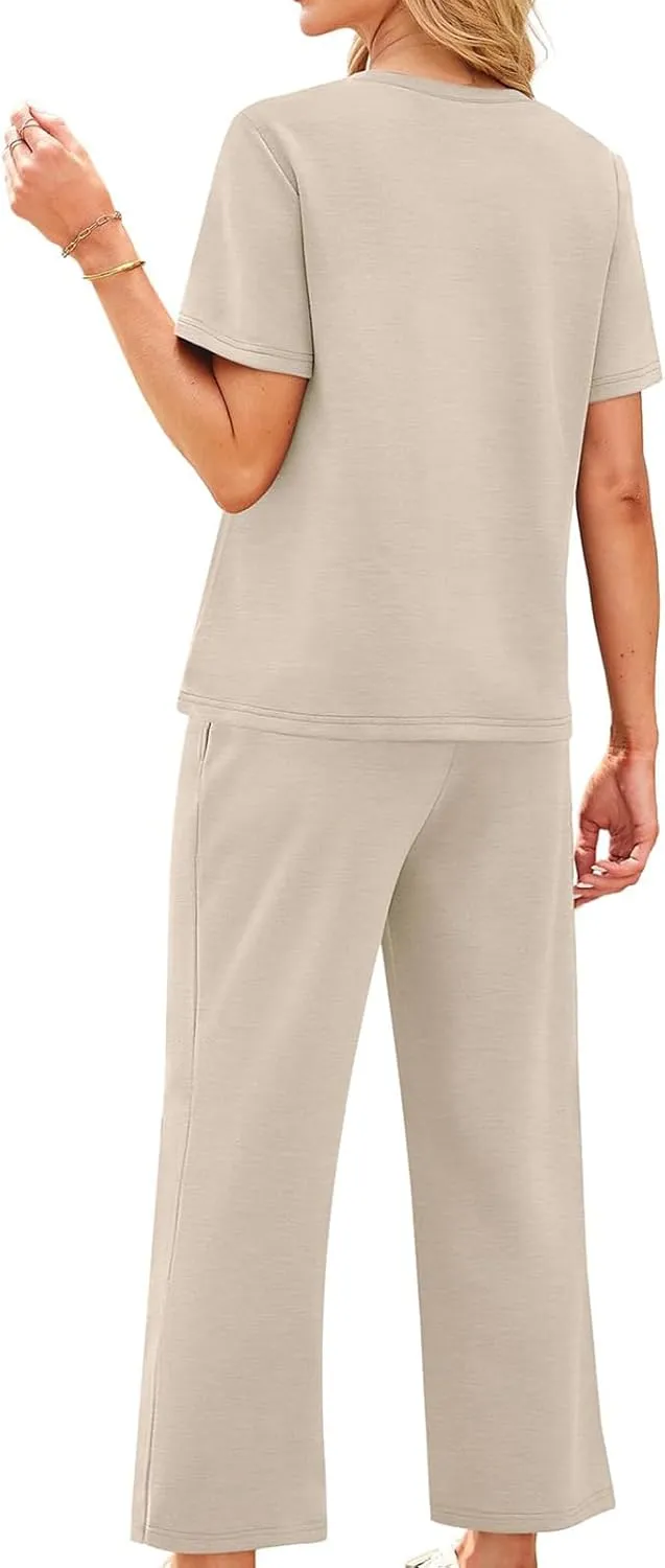 2 Piece Sets for Women Summer Travel Vacation Outfits Loose Fit Short Sleeve Wide Leg Crop Pants Airport Loungewear