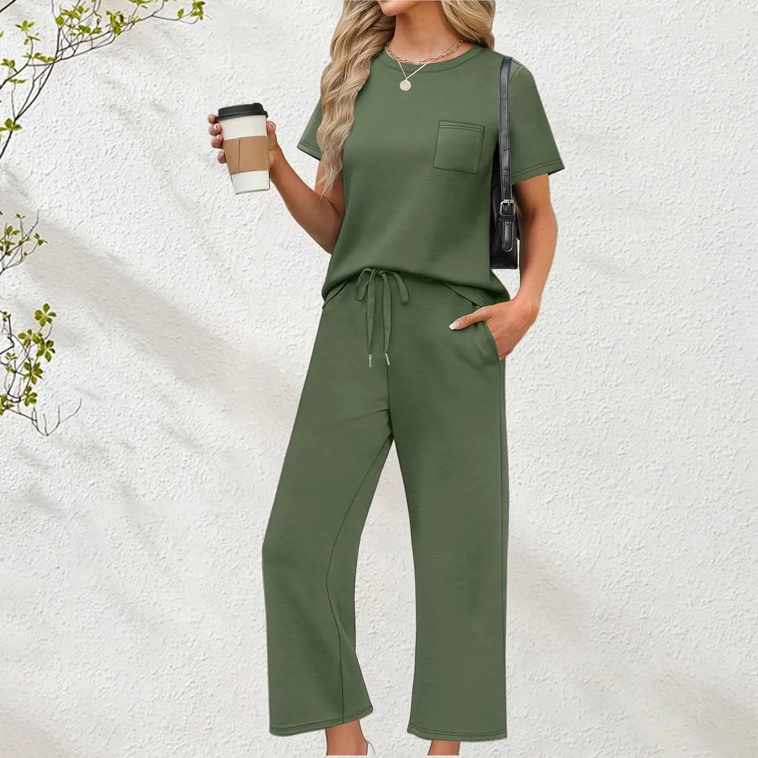 2 Piece Sets for Women Summer Travel Vacation Outfits Loose Fit Short Sleeve Wide Leg Crop Pants Airport Loungewear