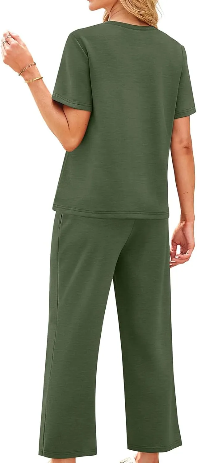 2 Piece Sets for Women Summer Travel Vacation Outfits Loose Fit Short Sleeve Wide Leg Crop Pants Airport Loungewear