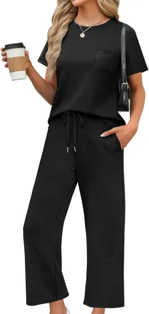 2 Piece Sets for Women Summer Travel Vacation Outfits Loose Fit Short Sleeve Wide Leg Crop Pants Airport Loungewear