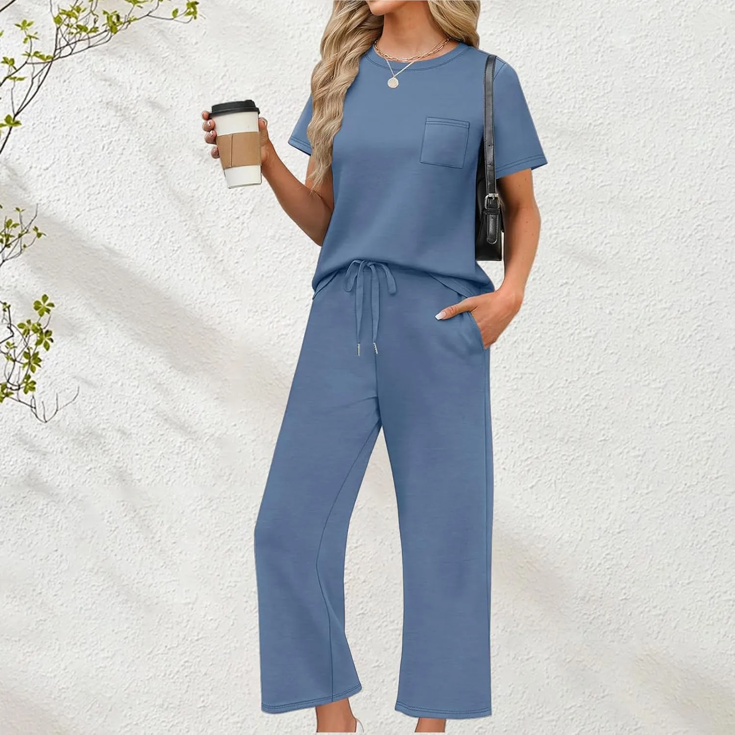 2 Piece Sets for Women Summer Travel Vacation Outfits Loose Fit Short Sleeve Wide Leg Crop Pants Airport Loungewear