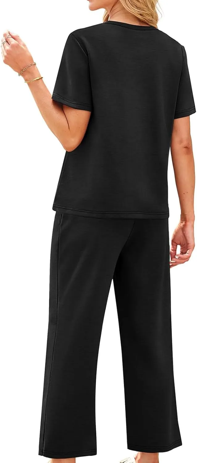 2 Piece Sets for Women Summer Travel Vacation Outfits Loose Fit Short Sleeve Wide Leg Crop Pants Airport Loungewear