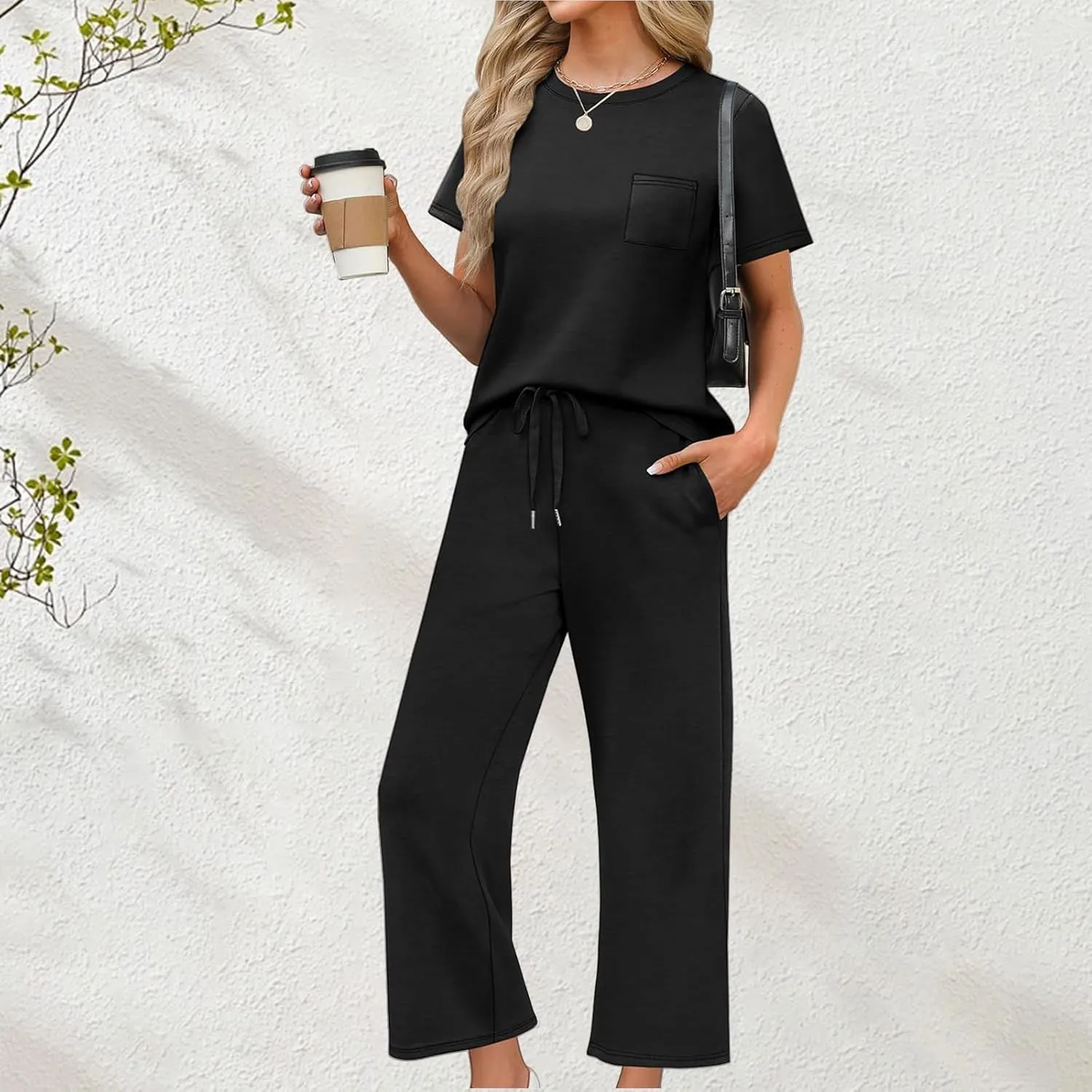 2 Piece Sets for Women Summer Travel Vacation Outfits Loose Fit Short Sleeve Wide Leg Crop Pants Airport Loungewear