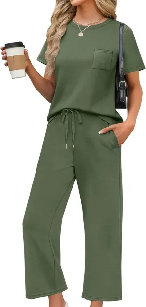 2 Piece Sets for Women Summer Travel Vacation Outfits Loose Fit Short Sleeve Wide Leg Crop Pants Airport Loungewear