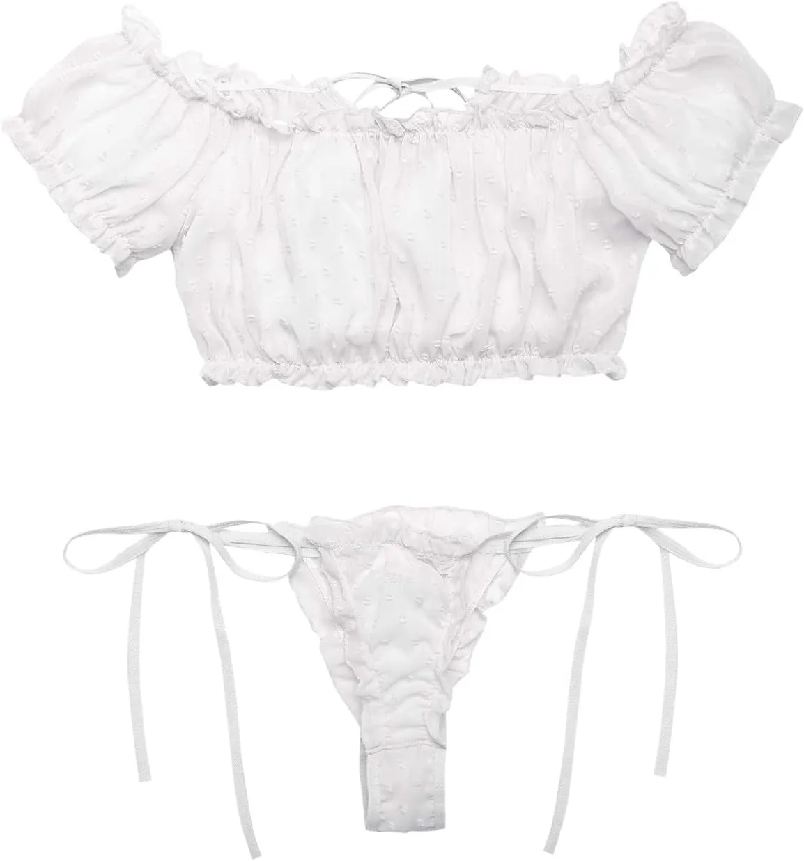 2 Piece Sexy Mesh Off shoulder Bra and Panty Set for Women Bralette Bras and Panties Sets Ruffle Lingerie Babydoll Chemise