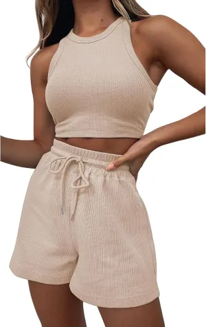 2 Piece Short Sets for Women Ribbed Knit Sleeveless Tank Top and Wide Leg Shorts Lounge Set Tracksuits