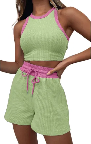 2 Piece Short Sets for Women Ribbed Knit Sleeveless Tank Top and Wide Leg Shorts Lounge Set Tracksuits