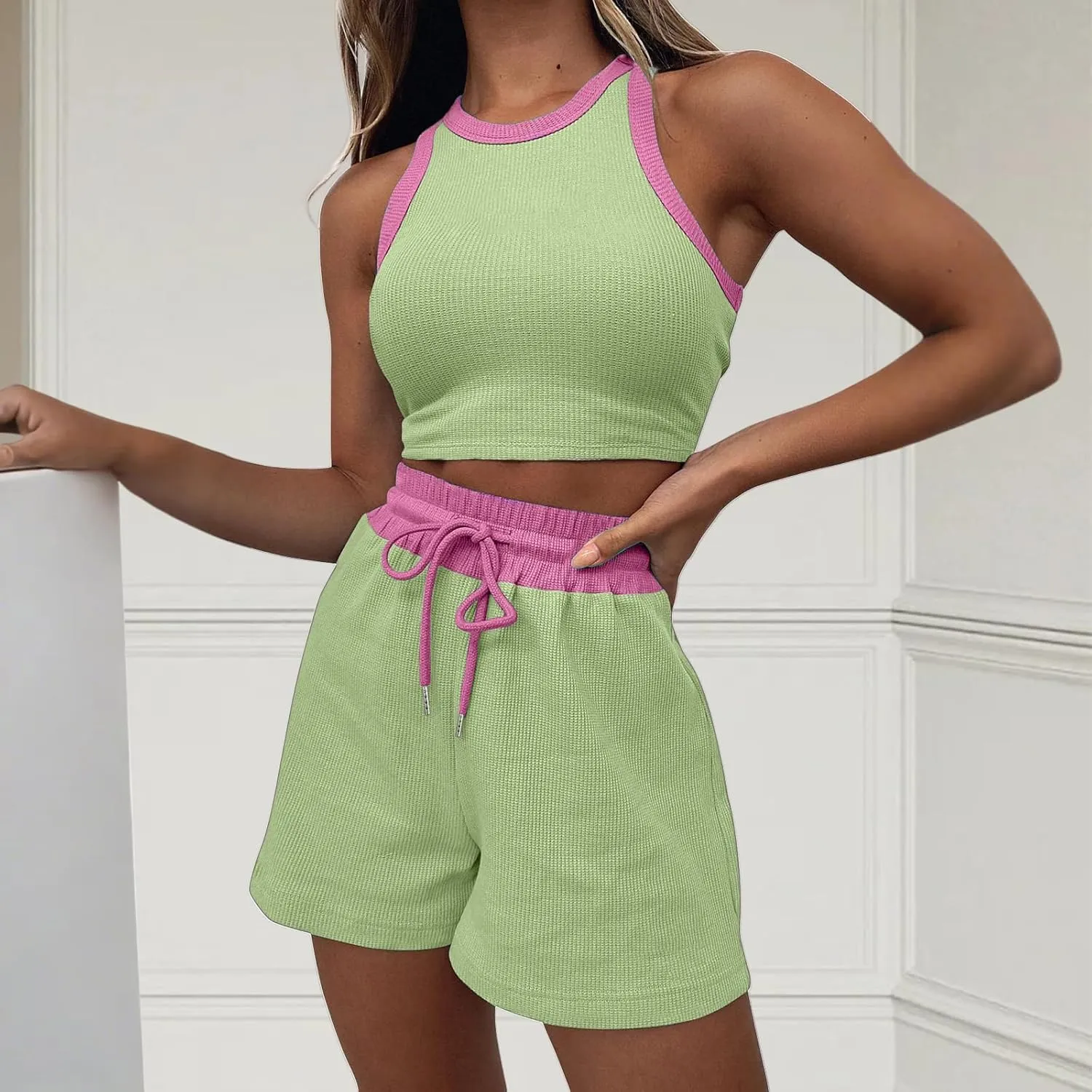 2 Piece Short Sets for Women Ribbed Knit Sleeveless Tank Top and Wide Leg Shorts Lounge Set Tracksuits