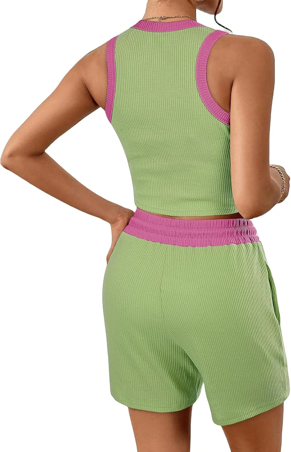 2 Piece Short Sets for Women Ribbed Knit Sleeveless Tank Top and Wide Leg Shorts Lounge Set Tracksuits
