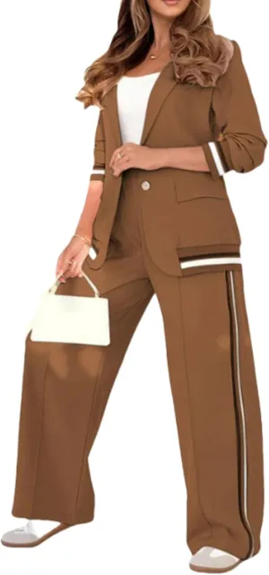 2 Piece Suit Sets for Women Dressy Ribbed Knit Long Sleeve Button Blazer Wide Leg Suit Pant Outfits Color Block Sets
