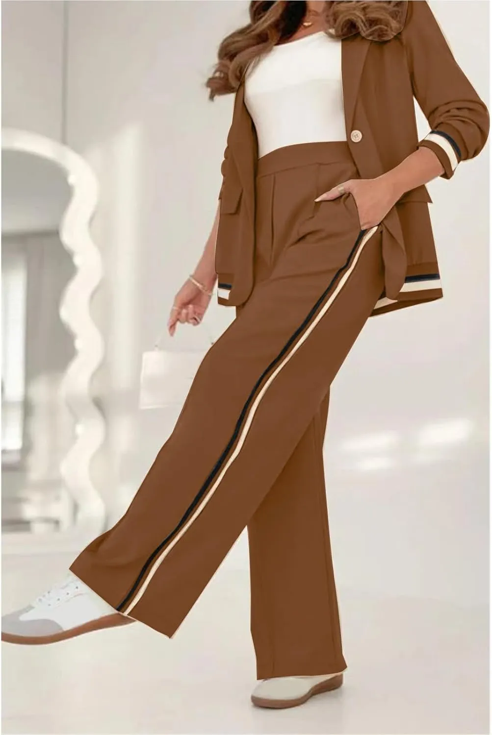 2 Piece Suit Sets for Women Dressy Ribbed Knit Long Sleeve Button Blazer Wide Leg Suit Pant Outfits Color Block Sets