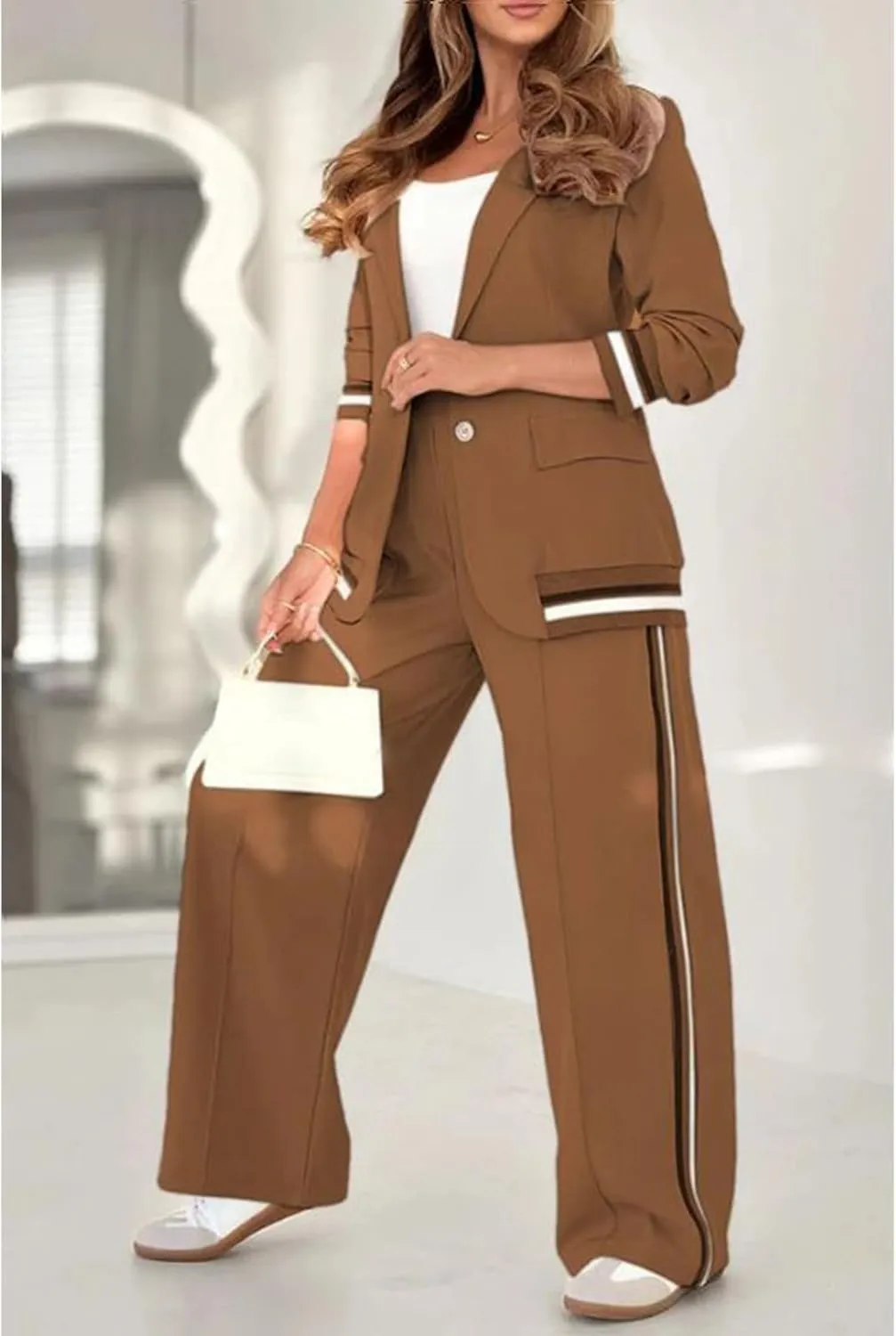 2 Piece Suit Sets for Women Dressy Ribbed Knit Long Sleeve Button Blazer Wide Leg Suit Pant Outfits Color Block Sets