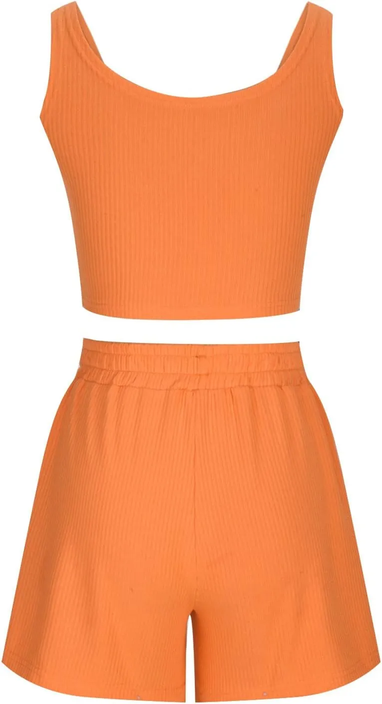 2 Piece Women Lounge Set Sleeveless Crop Top and Shorts Ribbed Knit Lounge Set Workout Tracksuits Sweatsuit for Summer