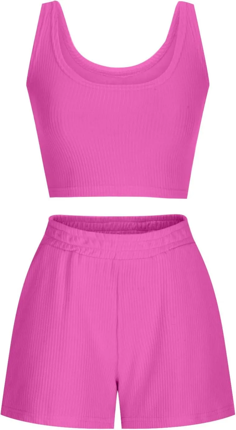 2 Piece Women Lounge Set Sleeveless Crop Top and Shorts Ribbed Knit Lounge Set Workout Tracksuits Sweatsuit for Summer