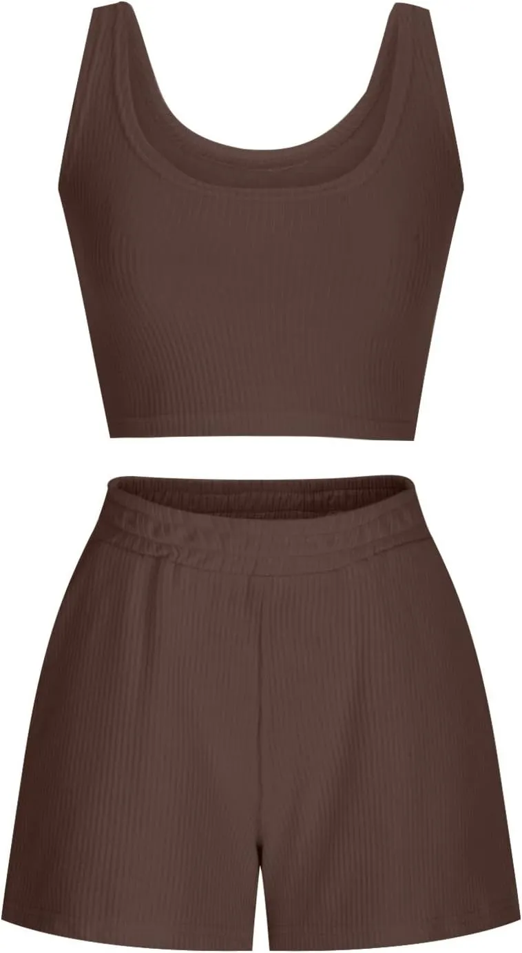 2 Piece Women Lounge Set Sleeveless Crop Top and Shorts Ribbed Knit Lounge Set Workout Tracksuits Sweatsuit for Summer