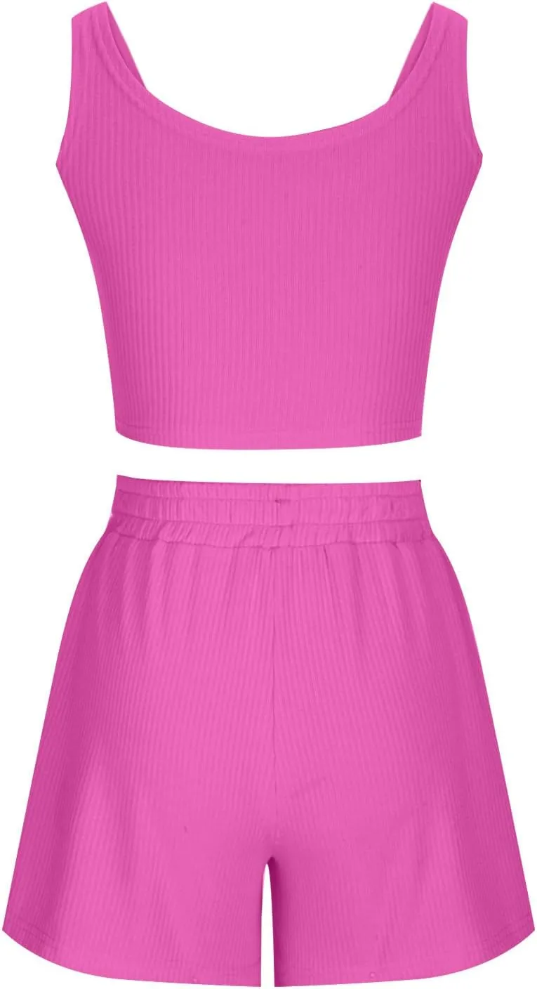 2 Piece Women Lounge Set Sleeveless Crop Top and Shorts Ribbed Knit Lounge Set Workout Tracksuits Sweatsuit for Summer