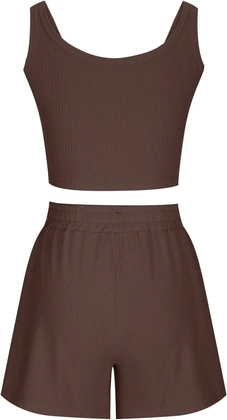 2 Piece Women Lounge Set Sleeveless Crop Top and Shorts Ribbed Knit Lounge Set Workout Tracksuits Sweatsuit for Summer