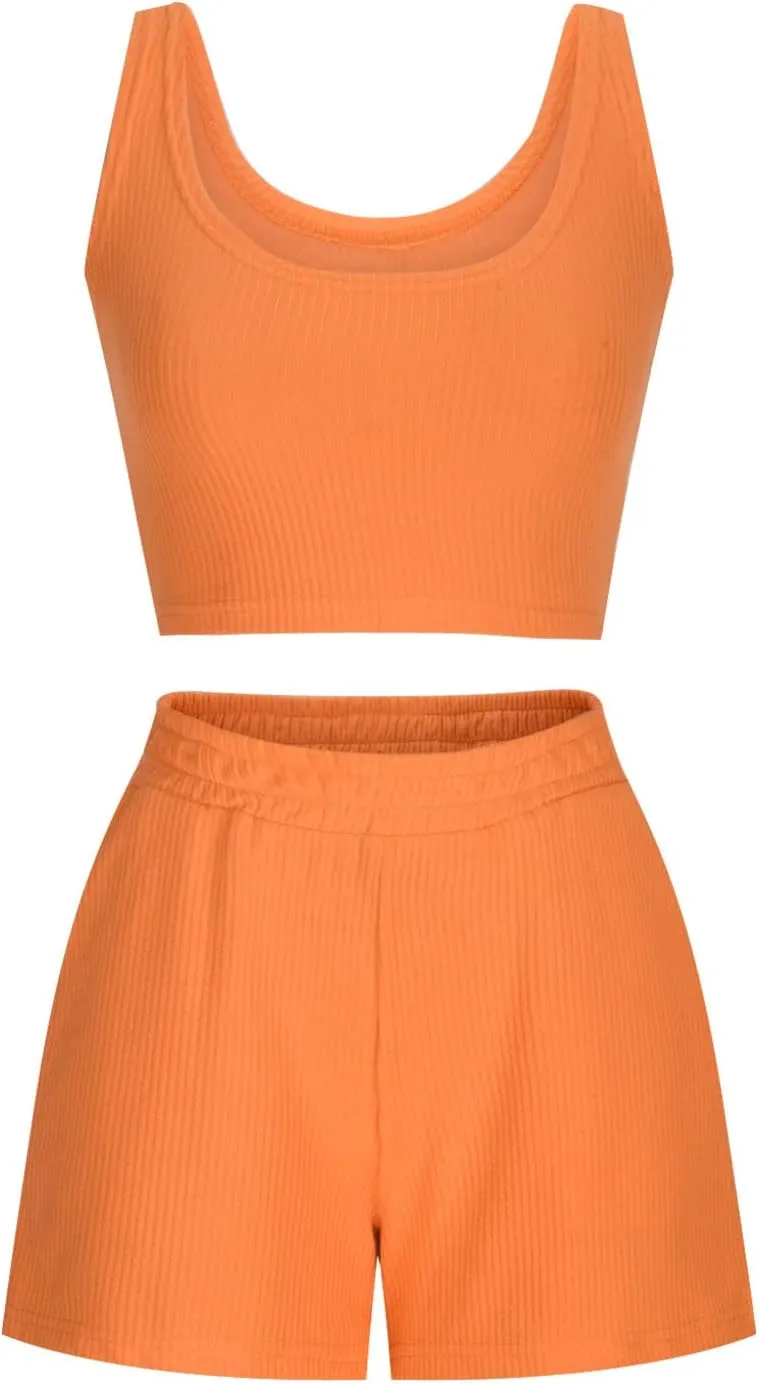 2 Piece Women Lounge Set Sleeveless Crop Top and Shorts Ribbed Knit Lounge Set Workout Tracksuits Sweatsuit for Summer