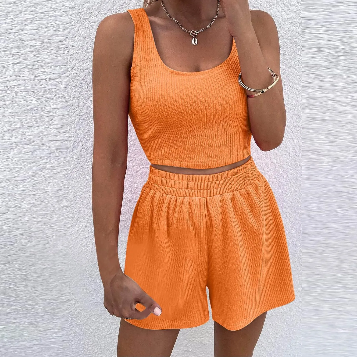 2 Piece Women Lounge Set Sleeveless Crop Top and Shorts Ribbed Knit Lounge Set Workout Tracksuits Sweatsuit for Summer