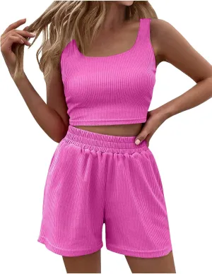 2 Piece Women Lounge Set Sleeveless Crop Top and Shorts Ribbed Knit Lounge Set Workout Tracksuits Sweatsuit for Summer