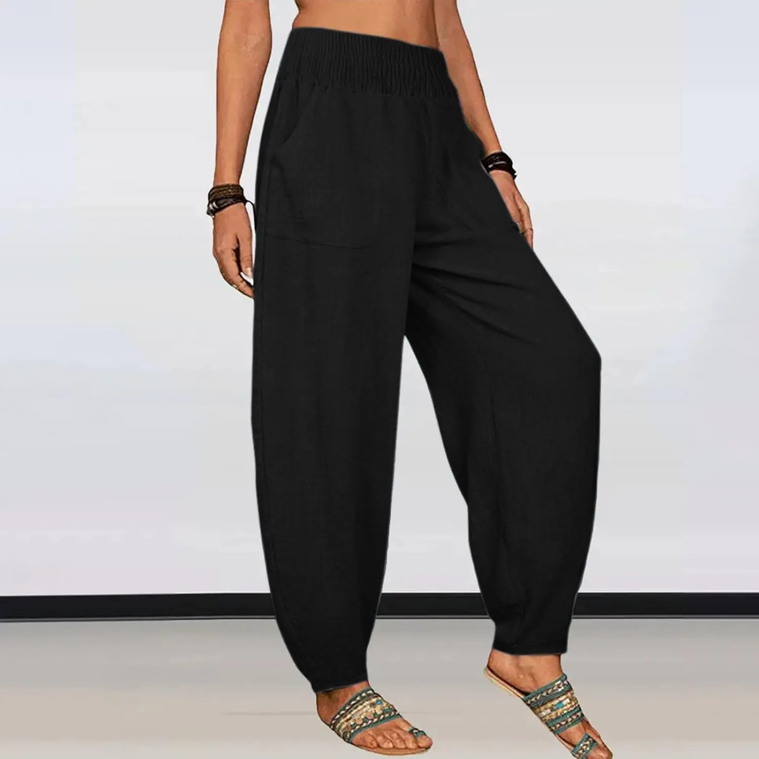 2024 Women Yoga Harem Pants Cotton Linen High Waist Elastic Ankle Pants Solid Casual Flowy Loose Sweatpants Trousers Pockets